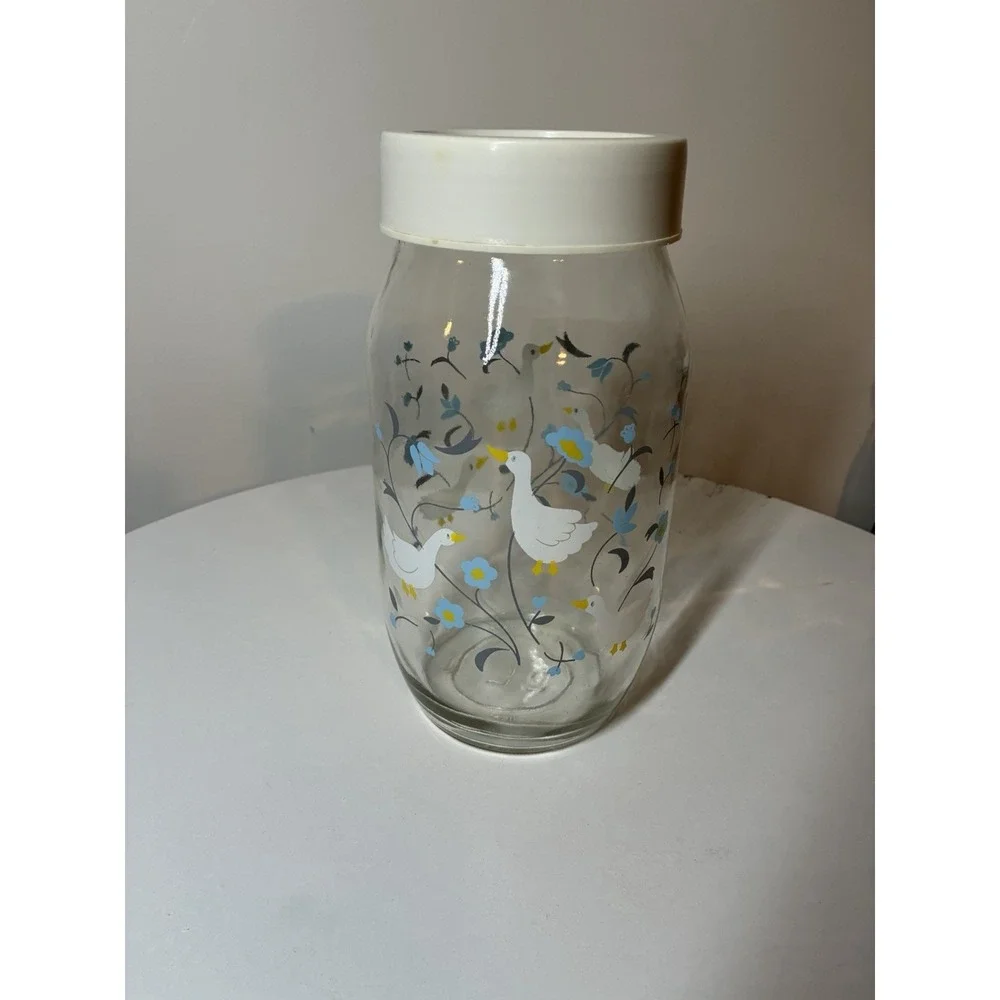 VTG Carlton Glass Jar Canister 2L Geese Blue Flowers Storage /Lid Cottagecore